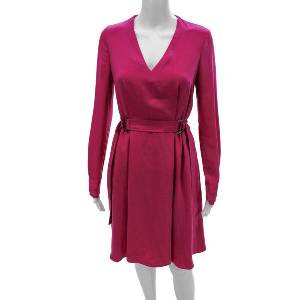 Karen Millen Womens Fit & Flare Pink V-Neck Long Sleeve Knee Dress Size 4
